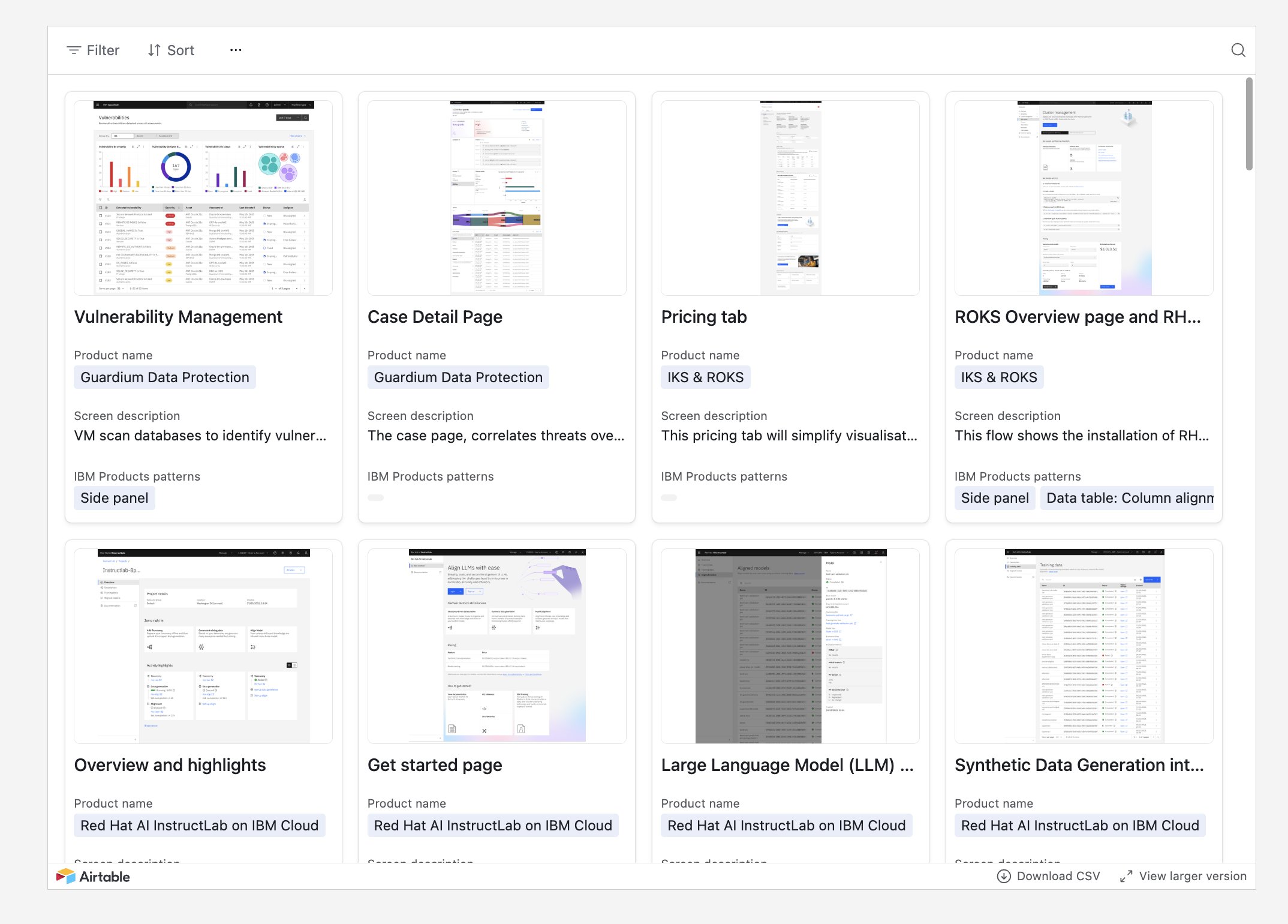 Project gallery — a searchable grid of IBM product screenshots organised by category.